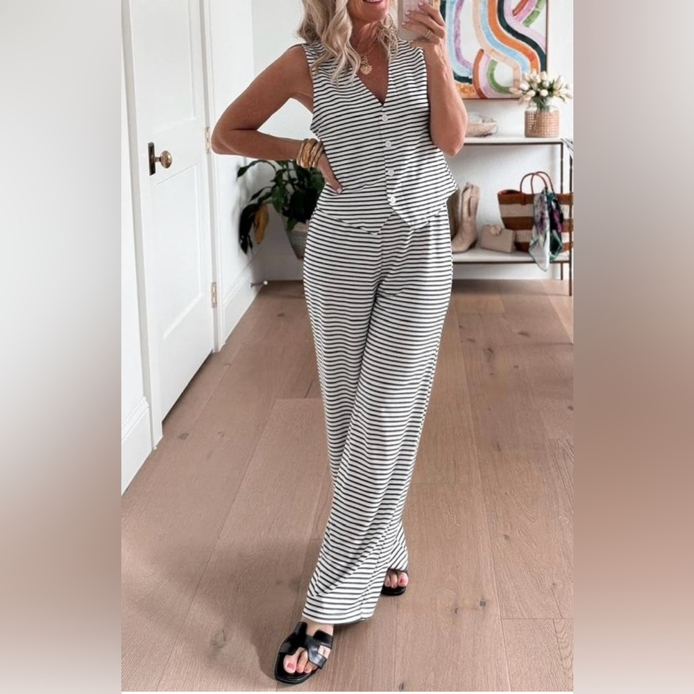 Striped Wide-Leg vest pant set - Black & White
